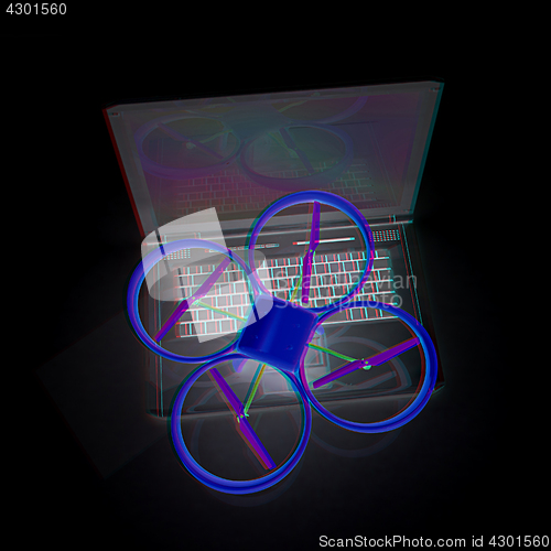 Image of Drone and laptop. 3D render. Anaglyph. View with red/cyan glasse