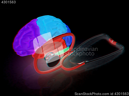 Image of stethoscope and brain. 3d illustration. Anaglyph. View with red/