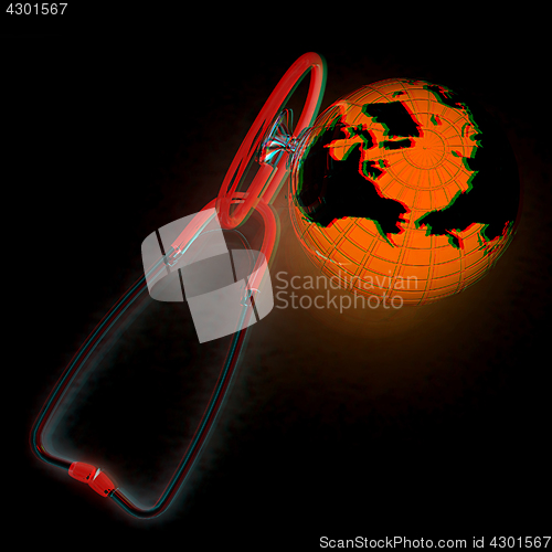 Image of Stethoscope and Earth.3d illustration. Anaglyph. View with red/c