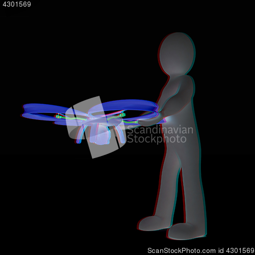 Image of 3d man with drone, quadrocopter, with photo camera. 3d render. 3