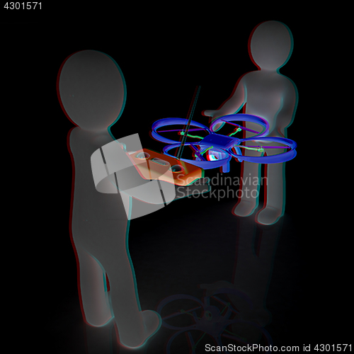 Image of 3d man with drone, quadrocopter, with photo camera. 3d render. 3