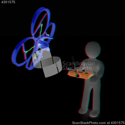 Image of 3d man with drone, quadrocopter, with photo camera. 3d render. 3