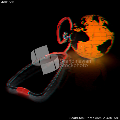 Image of stethoscope and globe.3d illustration. Anaglyph. View with red/c