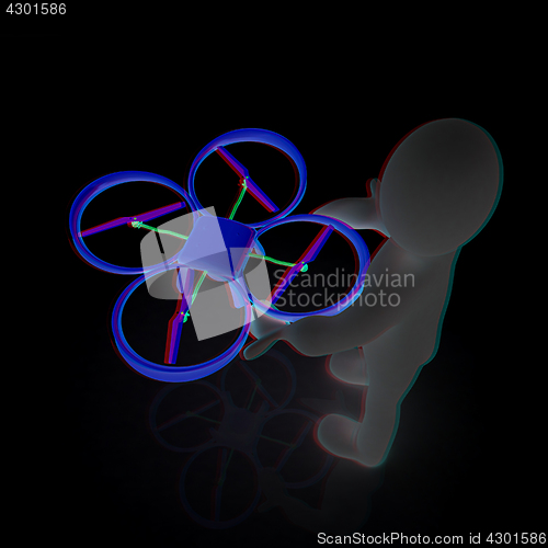 Image of 3d man with drone, quadrocopter, with photo camera. 3d render. 3