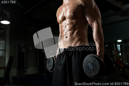 Image of close up of man with dumbbells exercising in gym