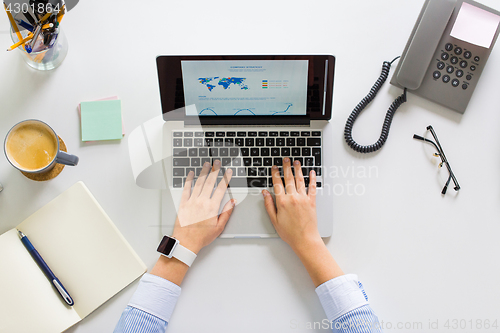 Image of hands of businesswoman working on laptop at office