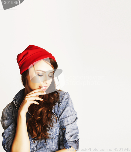 Image of young cheerful brunette teenage girl on white background