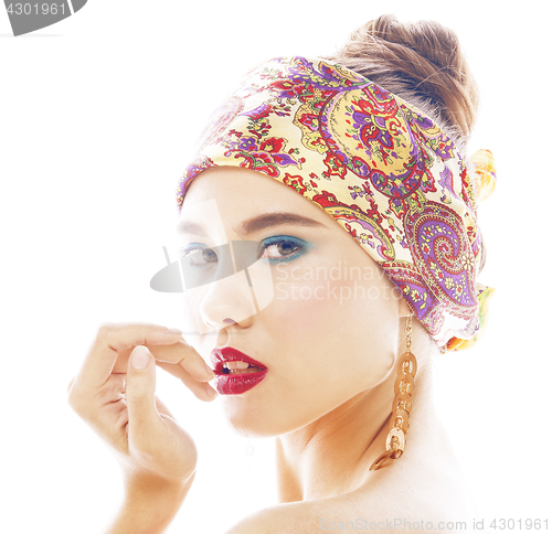 Image of young pretty modern girl with bright shawl on head emotional posing isolated on white background, asian people ethnicity