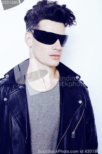 Image of young handsome modern man in sunglasses like robot, lifestyle fashion style people concept