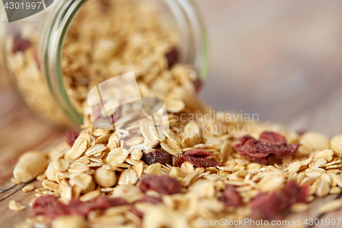 Image of close up of jar with granola or muesli on table