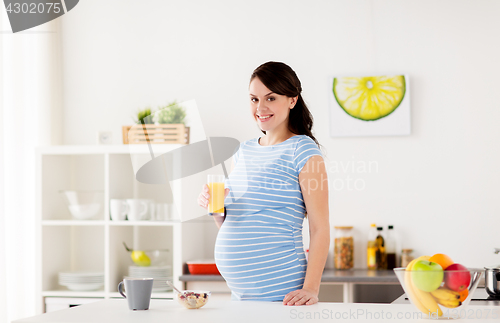 Image of happy pregnant woman having breakfast at home