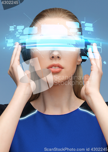 Image of woman in virtual reality 3d glasses with screens