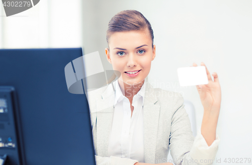Image of woman with blank business card