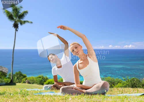 Image of happy couple making yoga exercises outdoors