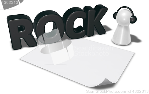 Image of rock tag, blank white paper sheet and pawn with headphones - 3d rendering