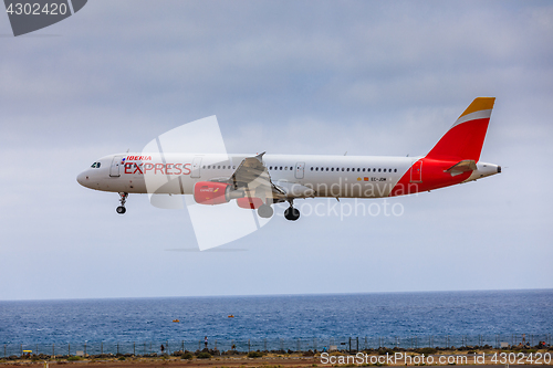 Image of ARECIFE, SPAIN - APRIL, 15 2017: AirBus A321 of IBERIA with the 