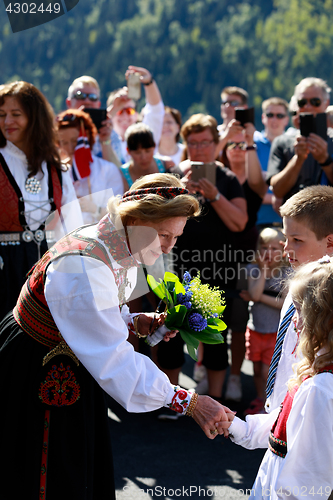 Image of LOEN, NORWAY - MAY, 20 2017: Queen Sonja of Norway at the openin