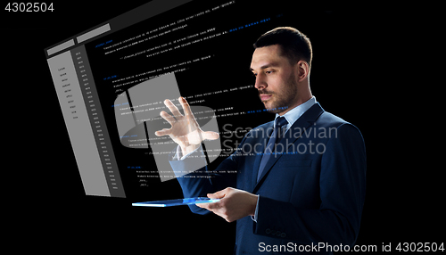 Image of businessman with tablet pc and virtual coding