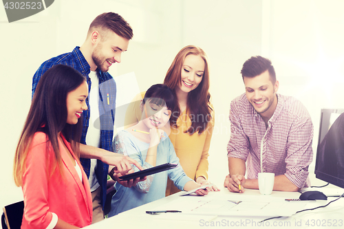 Image of happy creative team or students working at office