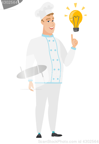 Image of Chef cook pointing at bright idea light bulb.