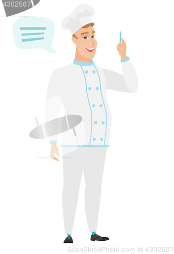 Image of Young caucasian chef cook with speech bubble.