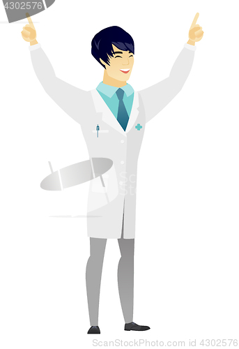 Image of Doctor standing with raised arms up.
