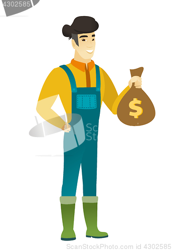 Image of Asian farmer holding a money bag.