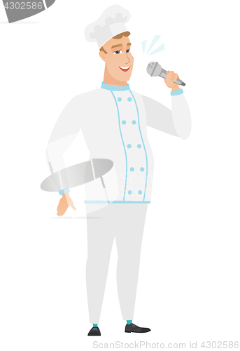 Image of Caucasian chef cook singing to the microphone.