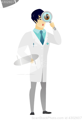 Image of Asian doctor with magnifying glass.