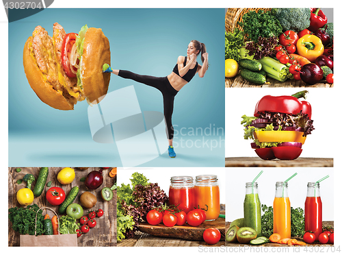 Image of Fit young woman fighting off bad food on a blue background