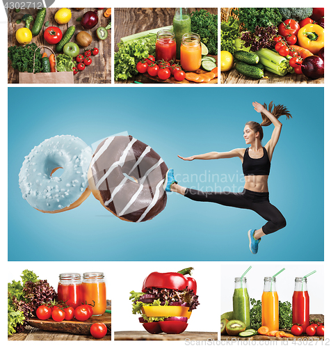 Image of Fit young woman fighting off bad food on a blue background