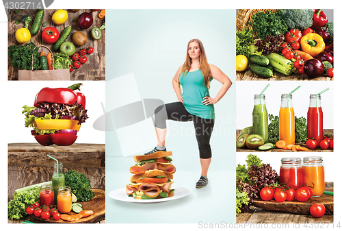 Image of The healthy food and fat woman