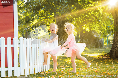 Image of The two little girls at playground against park or green forest