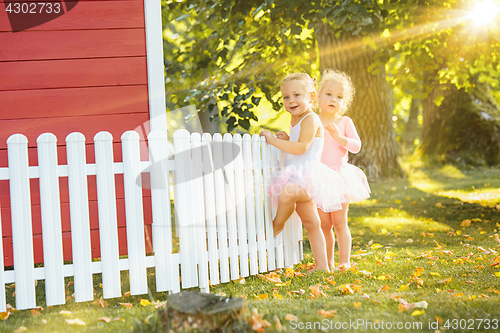 Image of The two little girls at playground against park or green forest