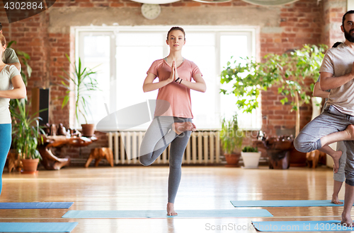 Image of group of people doing yoga tree pose at studio