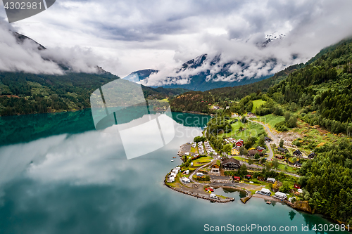 Image of Beautiful Nature Norway Aerial view of the campsite to relax.