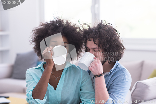 Image of multiethnic couple sitting on sofa at home drinking coffe