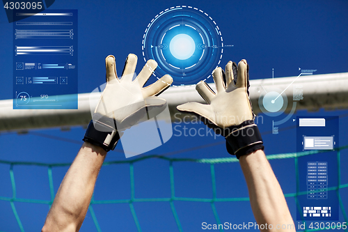 Image of goalkeeper or soccer player hands at football goal