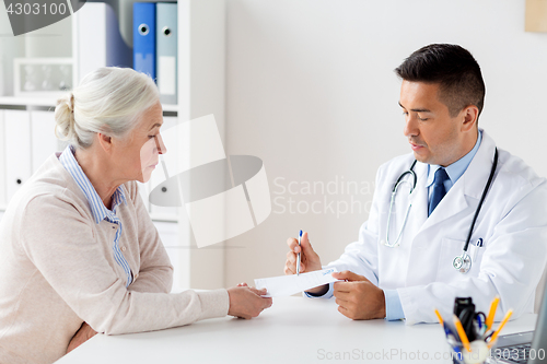 Image of woman and doctor with prescription at clinic