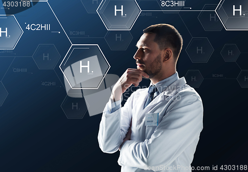 Image of scientist virtual chemical formula projection