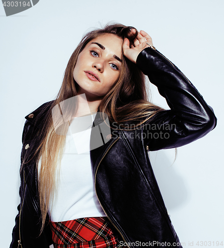 Image of young pretty stylish brunette hipster girl posing emotional isolated on white background happy smiling cool smile, lifestyle people concept 