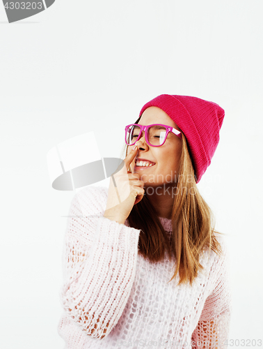 Image of young pretty stylish brunette hipster girl posing emotional isolated on white background happy smiling cool smile, lifestyle people concept 