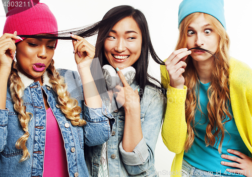 Image of diverse nation girls group, teenage friends company cheerful having fun, happy smiling, cute posing isolated on white background, lifestyle people concept 