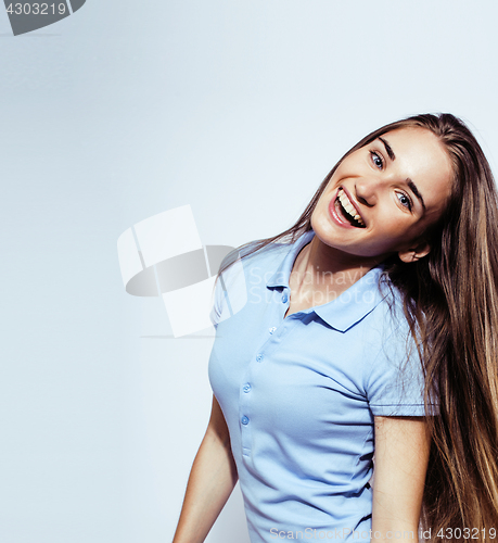 Image of young pretty stylish brunette hipster girl posing emotional isolated on white background happy smiling cool smile, lifestyle people concept 