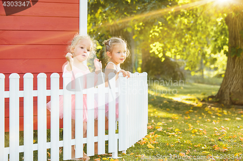 Image of The two little girls at playground against park or green forest