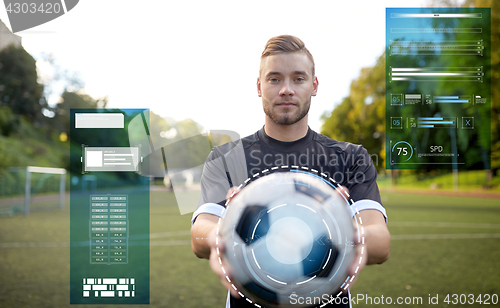 Image of soccer player with ball on football field
