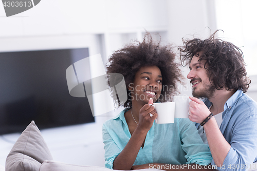 Image of multiethnic couple sitting on sofa at home drinking coffe