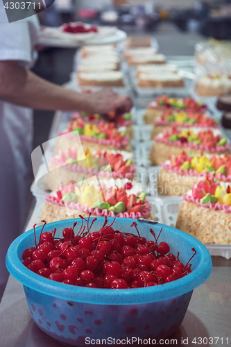 Image of Bowl of cherry on cake production