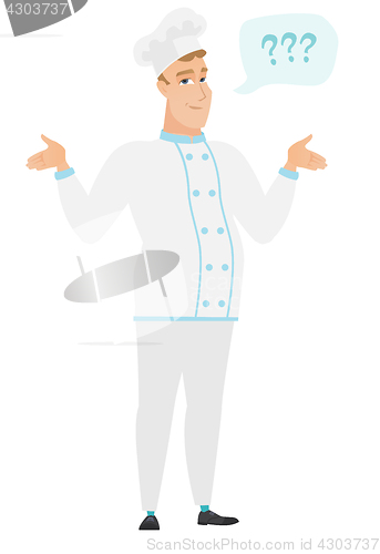Image of Caucasian confused chef cook with spread arms.
