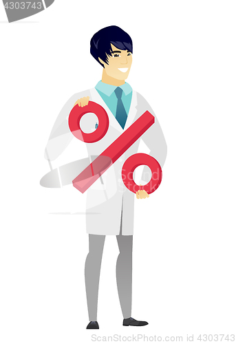 Image of Smiling doctor holding percent sign.